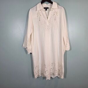 Karen Kane White Linen Eyelet Palm Tree Tunic Dress Womens Small 2L58002 Resort